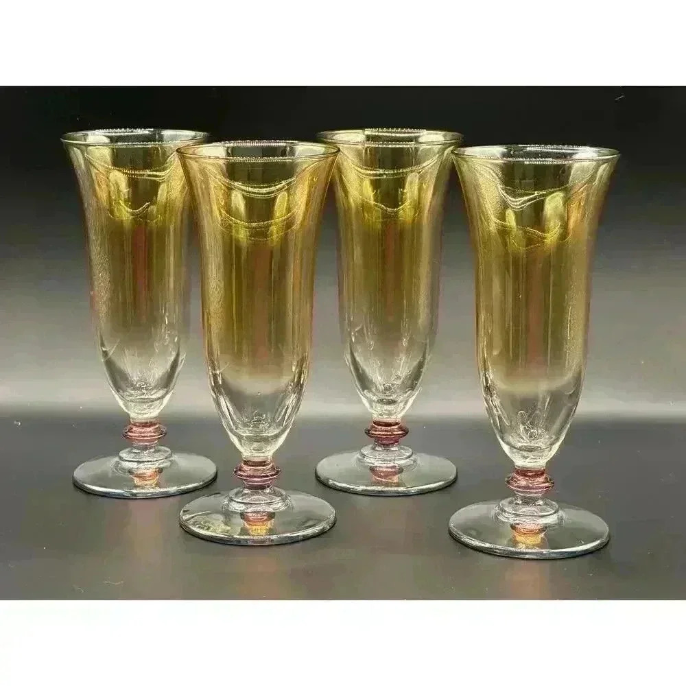 Amber Tulip Iridescent Glass Flute with Cranberry Knob Stem